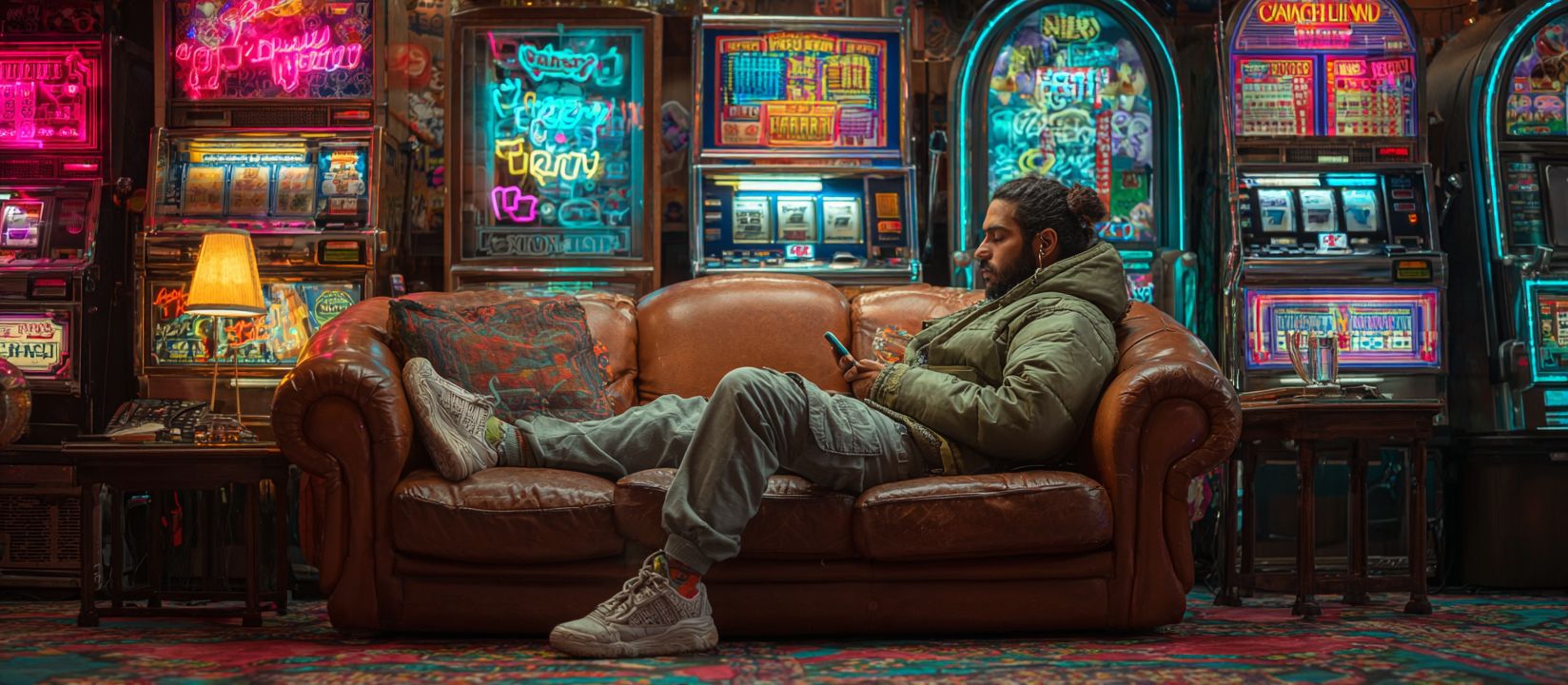 Download the 4999 BET App and Play Anywhere Relaxed man sitting on a sofa with neon slot machines in the background, enjoying the 4999 BET mobile casino app