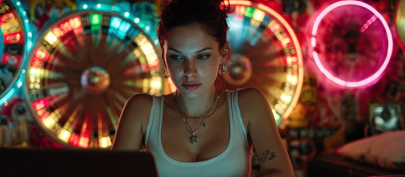 Explore Casino Games and Win at 4999 BET Focused young woman playing online games with colorful roulette wheels glowing behind her at 4999 BET