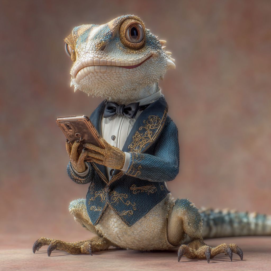 Download the 4999 BET App and Play Anytime Elegant lizard mascot in a tuxedo holding a smartphone, representing the 4999 BET casino mobile app experience