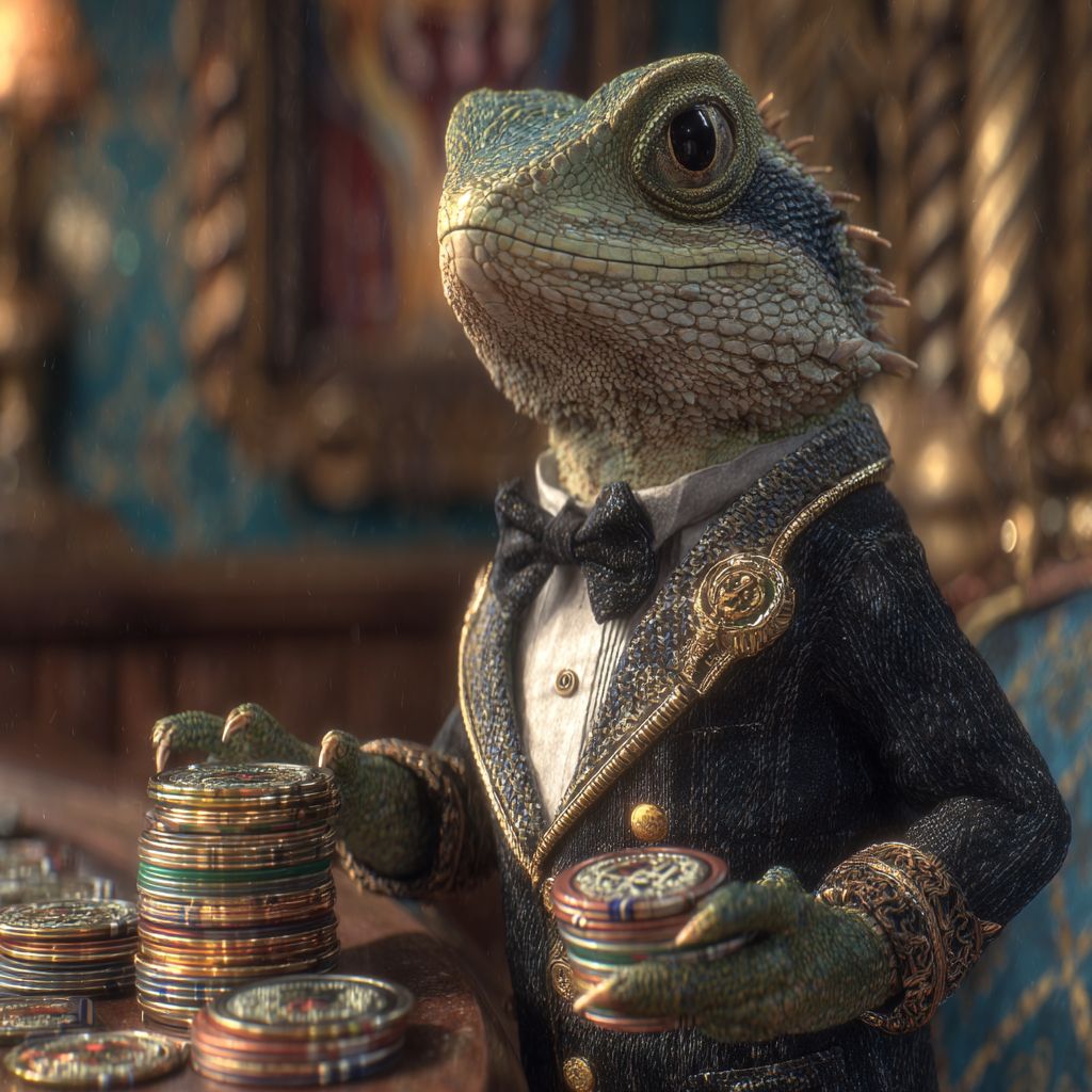 Stylish lizard mascot in a suit managing casino chips at a luxury gaming table in 4999 BET