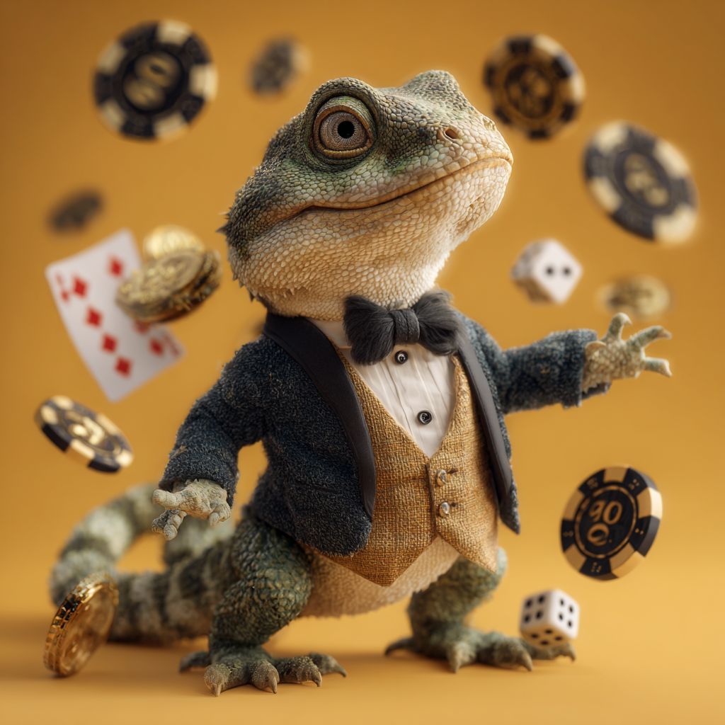 Explore Casino Games at 4999 BET Today Confident lizard mascot in a bow tie surrounded by poker chips, dice and cards, showcasing 4999 BET games