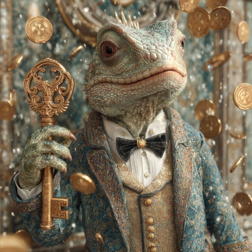 Login to 4999 BET and Unlock Your Rewards Majestic lizard mascot in a golden embroidered suit holding a large ornate key, symbol of access to 4999 BET
