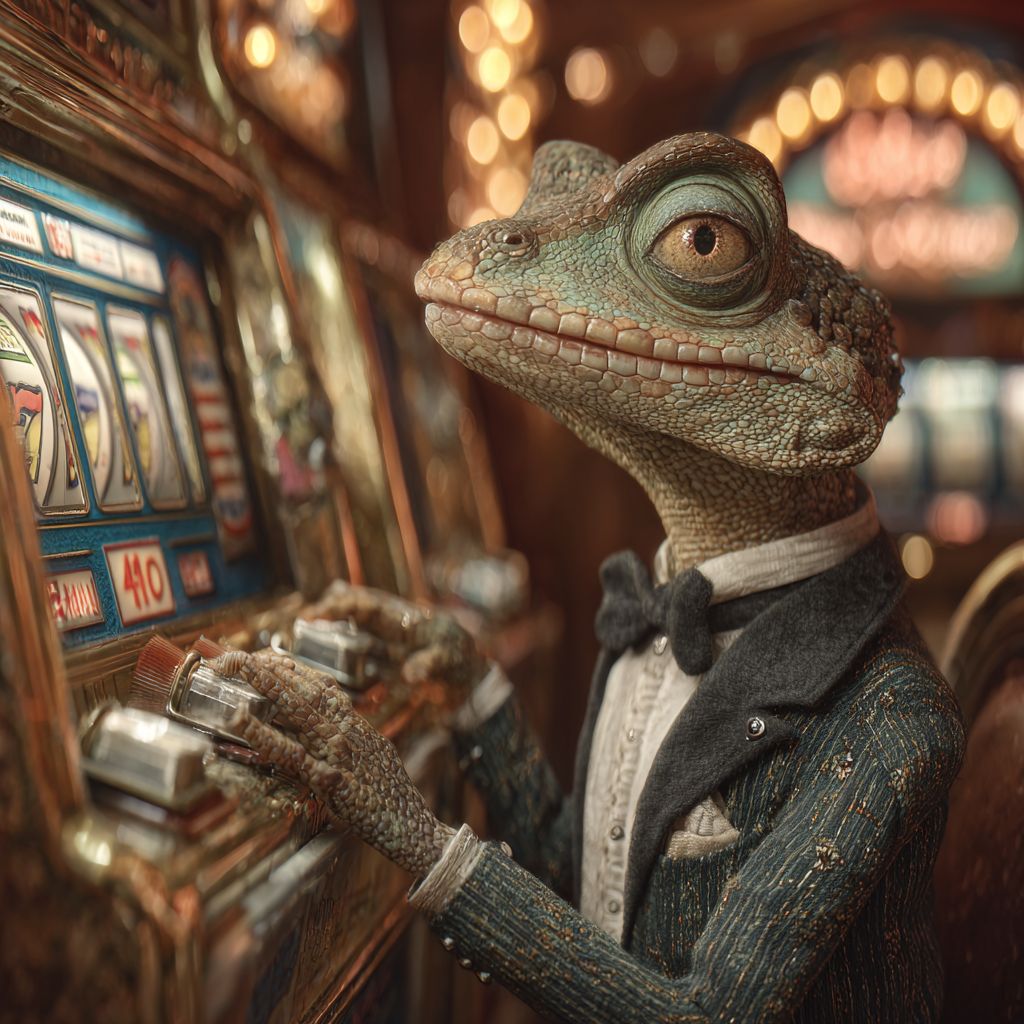 Spin the Slots and Win at 4999 BET Sophisticated lizard mascot in a tuxedo playing slot machines at 4999 BET casino hall