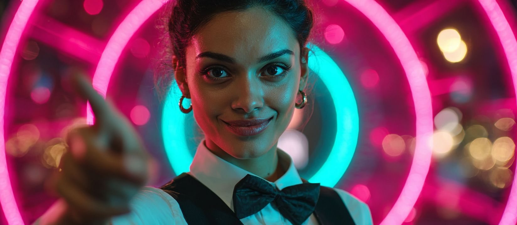 Login to 4999 BET and Start Playing Confident casino hostess pointing forward with neon lights behind her, inviting players to log in at 4999 BET