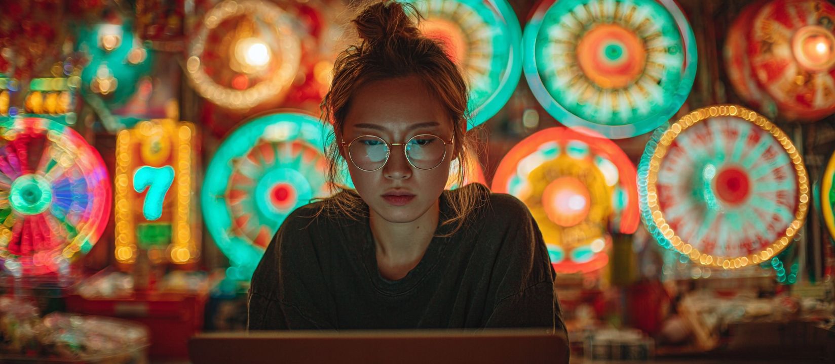 Start Your Casino Adventure at 4999 BET Today Focused woman with glasses playing online casino surrounded by colorful slot wheels and neon lights at 4999 BET
