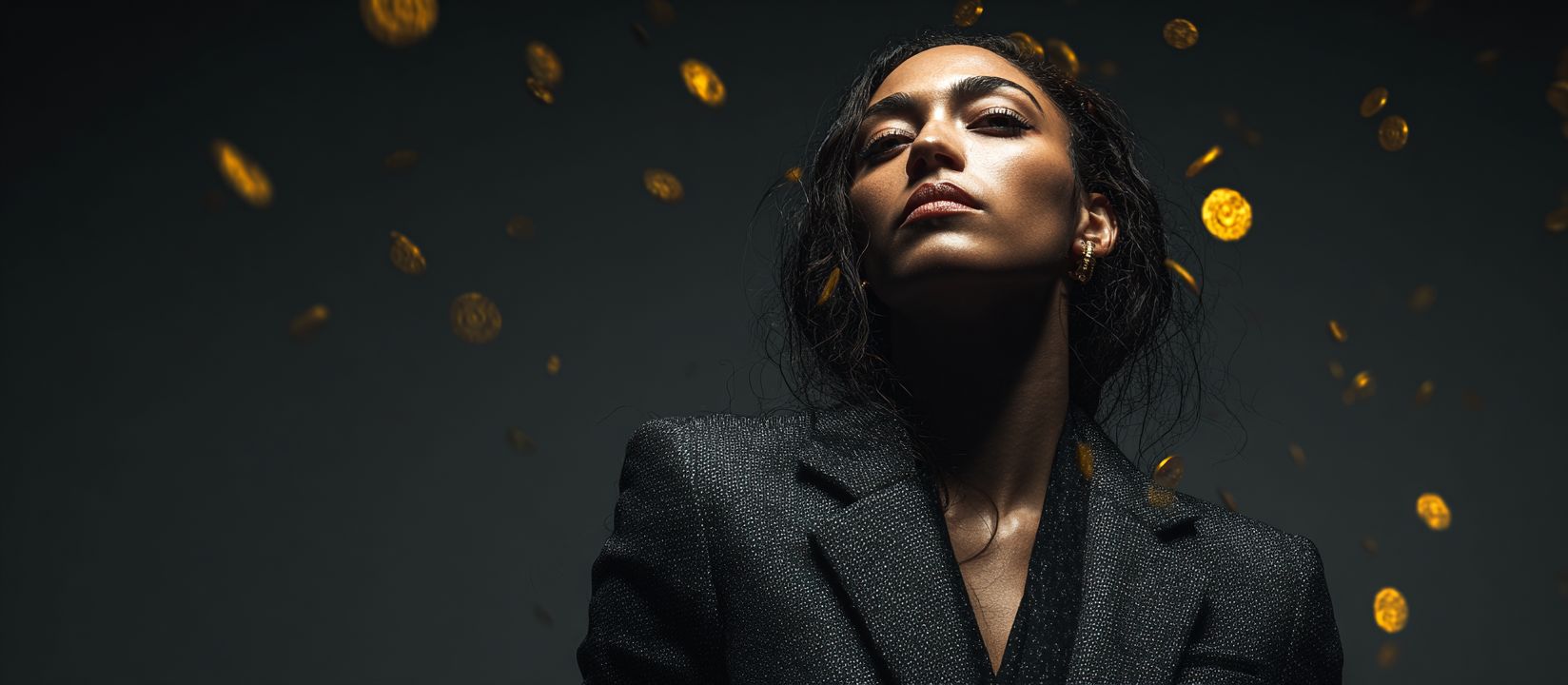 Join 4999 BET and Claim Your Big Win Confident woman in black suit with golden coins falling around her, symbolizing big wins at 4999 BET online casino