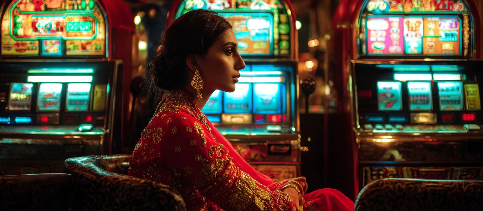 Spin the Best Online Slots at 4999 BET Elegant woman in traditional red dress sitting near slot machines, enjoying the charm of 4999 BET slots