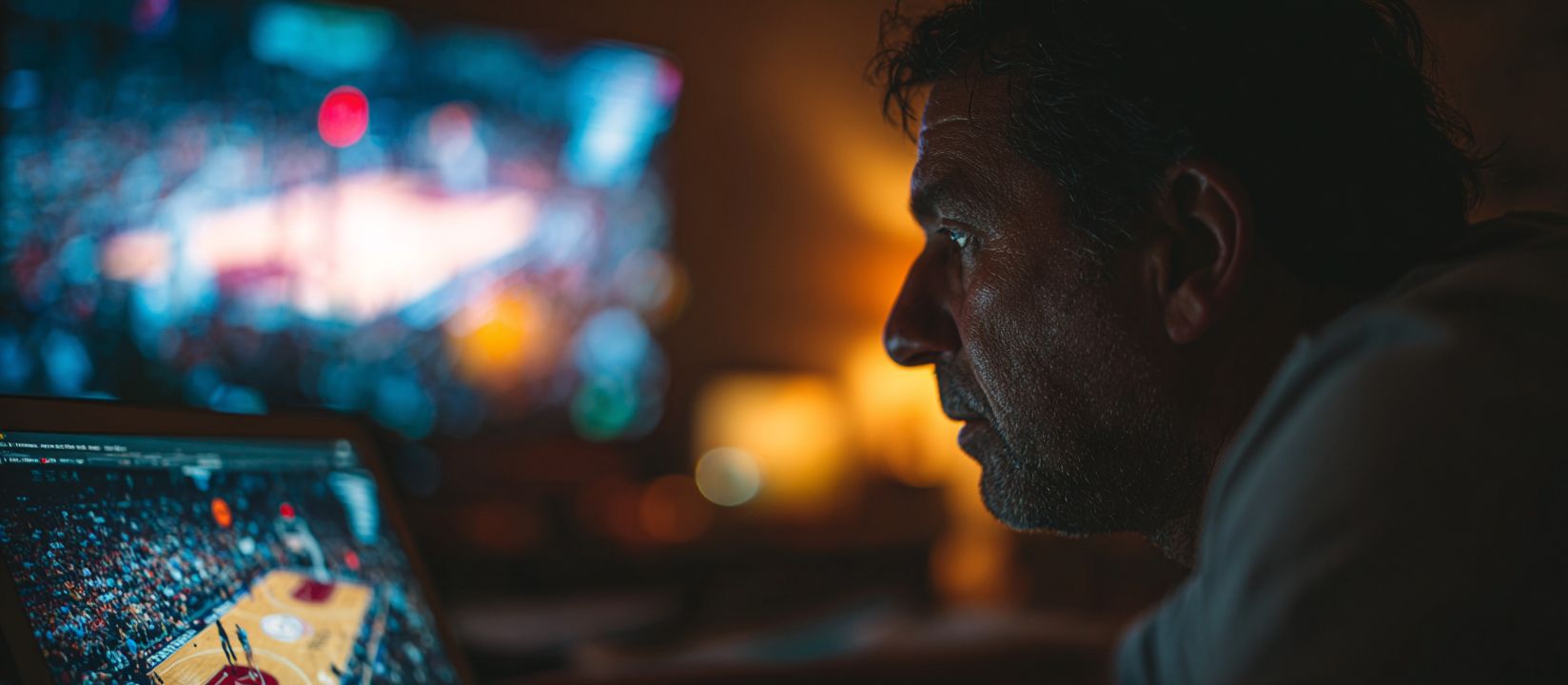 Bet on Sports Live at 4999 BET Today Man watching live basketball on screen while placing bets online at 4999 BET sports betting platform